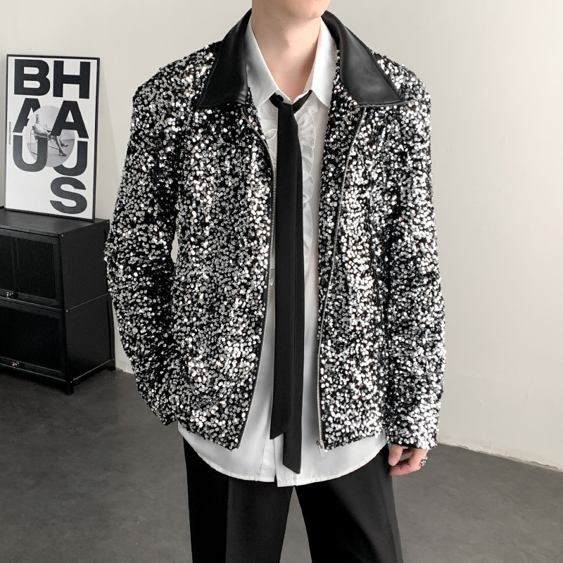 Spring Outfit 5U Leather Lapel Sequin Stage Performance Shiny Performance Clothing Men's Casual Jacket Coat Unisex Shiny Spring Outfit 5U Leather Lapel Sequin Stage Performance Shiny Performance Clothing Men's Casual Jacket Coat Unisex Shiny