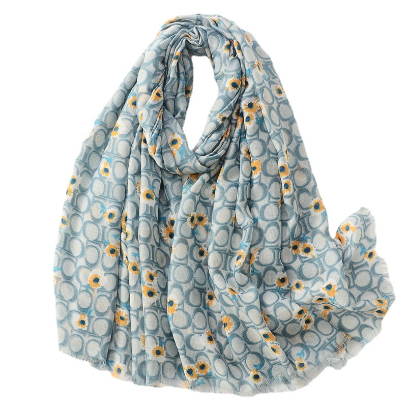 La primavera y el verano delgada flor fresca Impresión digital bufanda viaje versátil moda chal algodón y lino sensación bufanda