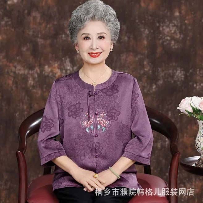 Бабушка летнее платье большого размера имитация шелковых рубашек пожилая мама свободная ароматная вуаль топ старухи тонкая рубашка