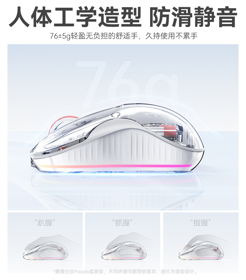 yesido笔记本电脑鼠标 透明三模无线蓝牙鼠标人体工学 磁吸充电式