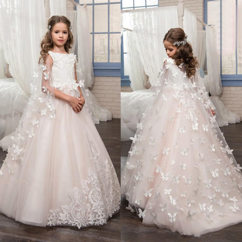 Abito da sposa da principessa per bambine Mother & Kids con scialle removibile e design a farfalla in pizzo 【Pre-ordine | Spedizione in 15 giorni】_voghion.com
