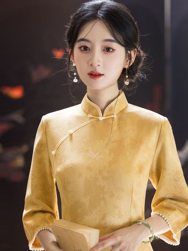 洛士博年轻款秋季黄色鹿皮绒旗袍女漂亮独特国风日常显白装|undefined