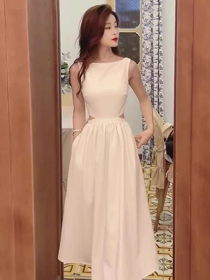 Váy liền không tay trắng FL222236 dáng dài hở eo phong cách Hồng Kông mùa hè — màu trắng chi tiết 4