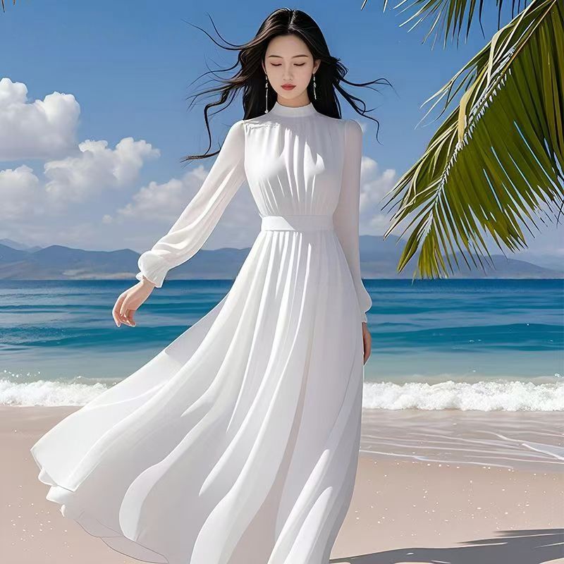 French-Style Stunning Solid Color Beach Vacation Dress, High-End Goddess Style Long Gown Versatile Beach Dress