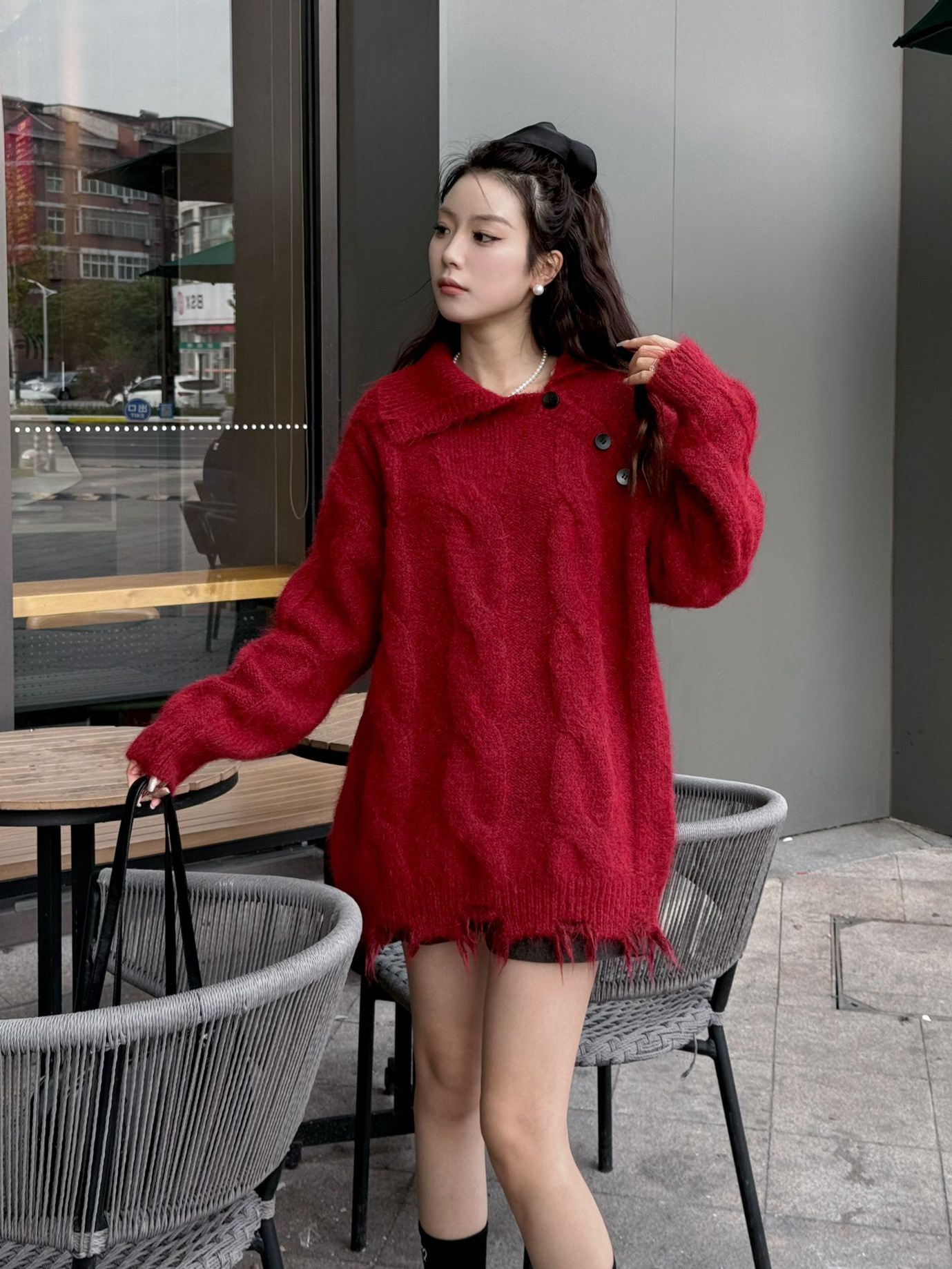 24 invierno Puyuan coreano botón de madera con solapa suéter de color contraste chaqueta de mujer nuevo estilo perezoso estilo de moda explosión