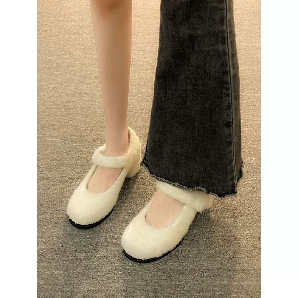 Фея ветер меховые туфли женский 2023 новый осенний и зимний нежный на высоких каблуках с юбкой Мэри Джейн плюс бархатные туфли