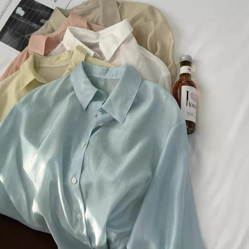 Lightweight Breathable light blue Simple Solid Color Summer New Style Tencel Sunscreen Shirt Women's All-match 2024 Loose