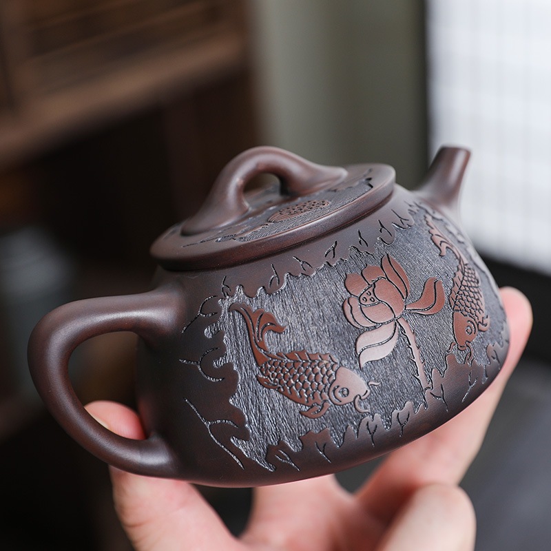 荷花云南建水紫陶茶壶家用非紫砂壶陶瓷单功夫茶具浮雕手工紫陶壶