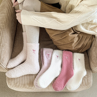 Mink Velvet Mid-Calf Socks for Women in Winter, Cold-Resistant and Warm, Cute Bow Plush Home Floor Socks, Postpartum Sleep Socks