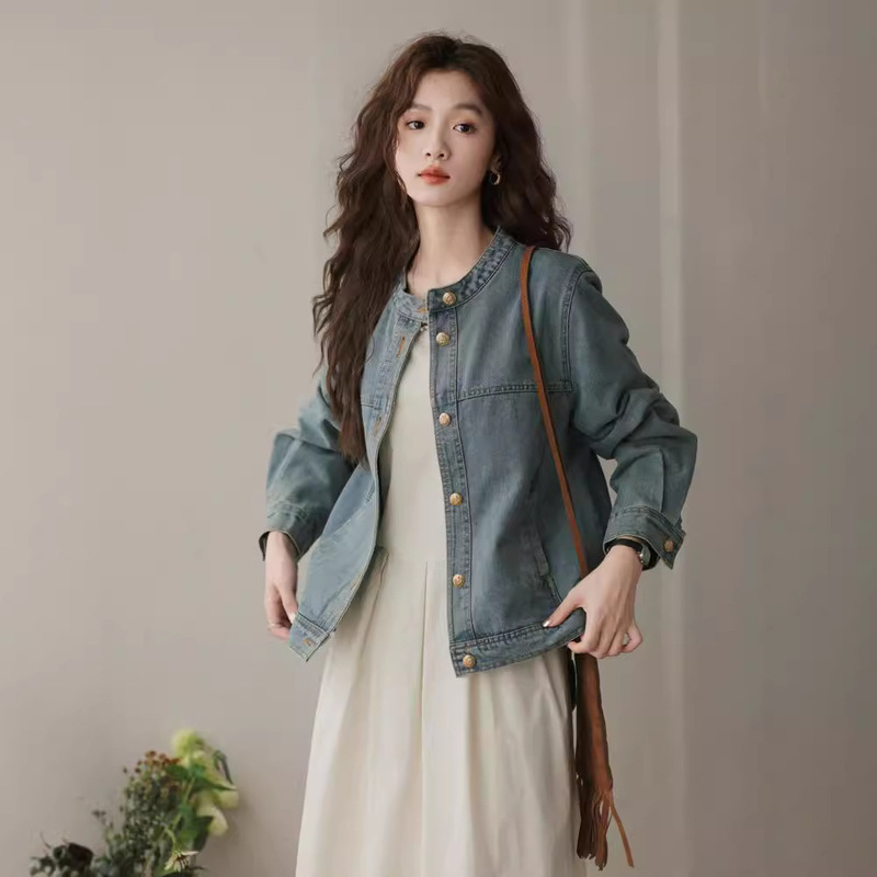 Women's Round-Neck Denim Jacket with Small Gold Buttons, Ins2026 New Autumn Design, Washed Vintage Style, Trendy Jacket Top