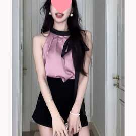 紫色法式无袖挂脖吊带外穿露肩上衣高腰显瘦感夏季衬衫衬衣女