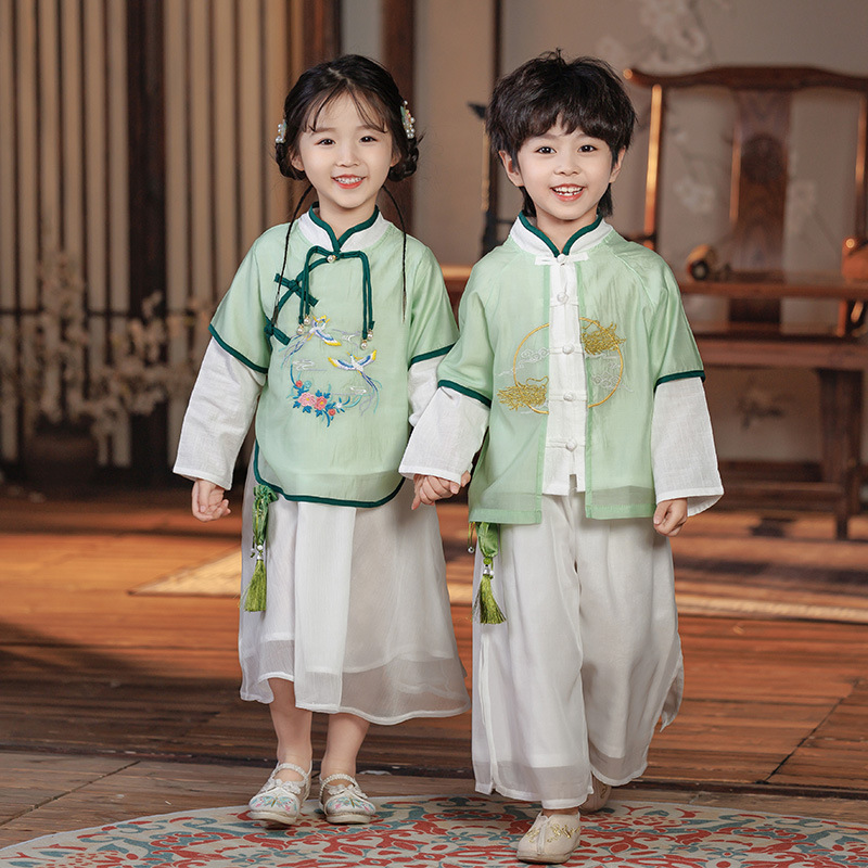 幼兒園園服漢服春季民國風2024春裝唐裝兄妹套裝中國風古裝演出服