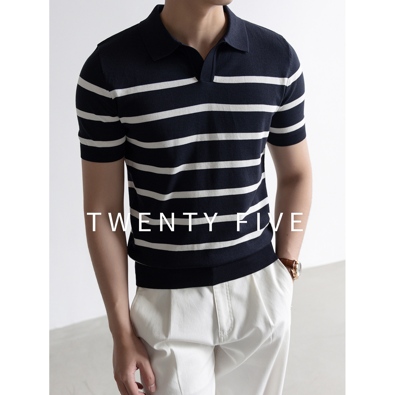 Polo camiseta de punto camiseta de manga corta camiseta de hombre cuello en V gaviota cuello rayas viejas líneas de viento de verano fábrica transfronteriza mayorista