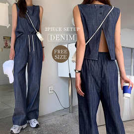 韩国 2026夏天御姐后背开叉设计背心上衣+高腰阔腿长裤套装女