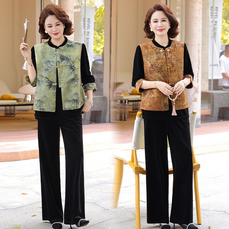新中式妈妈装秋套装金丝绒马甲外套2025新款中老年春秋国风上衣女|undefined