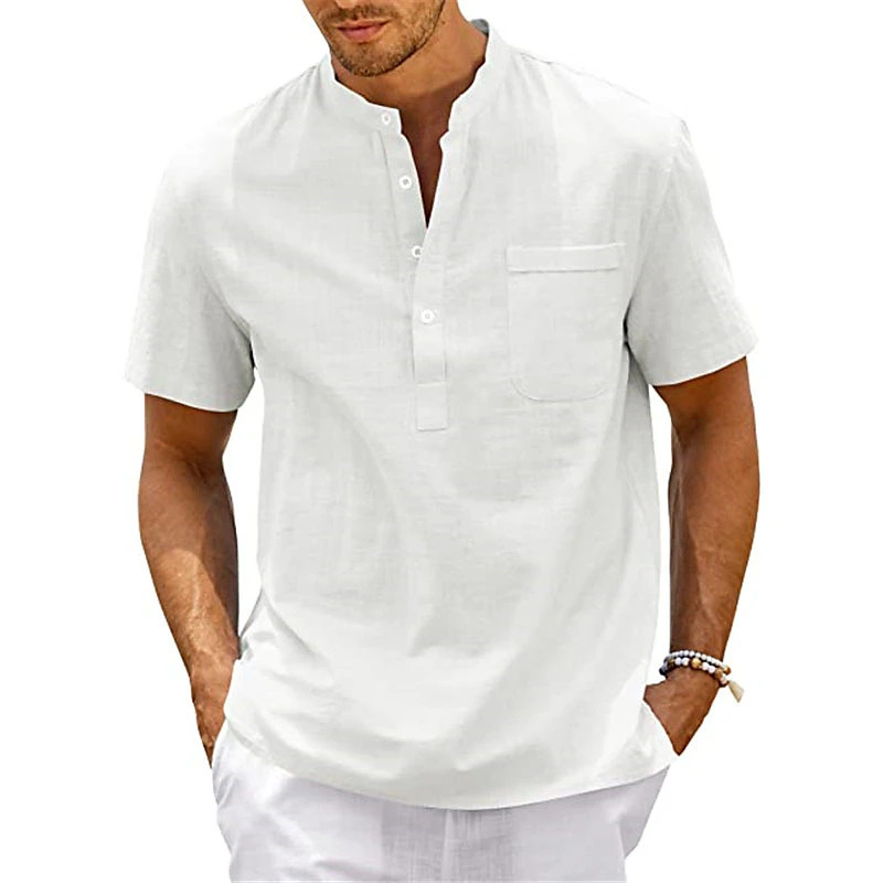 Herren Baumwollleinen Pullover Hemd Mit Stehkragen Kurzarm_voghion.com