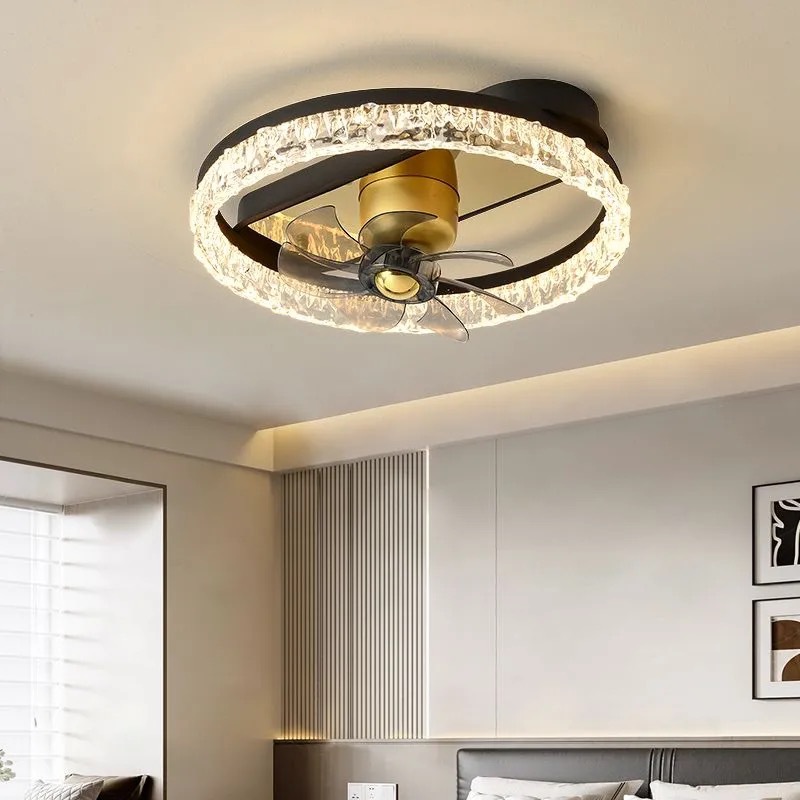 Lámpara de ventilador de lujo ligero moderno, espectro completo, atmósfera, grietas de hielo, luz de ventilador creativa, lámpara de dormitorio integrada, lámpara de techo de sala de estar