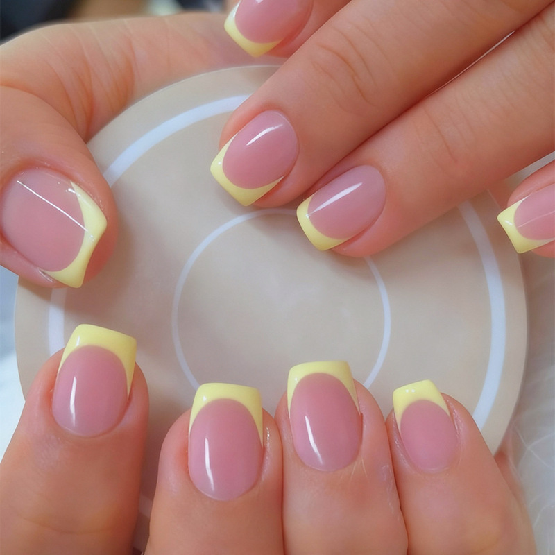 24 Pieces of Classic Elegant Pink Glossy Shiny Goose Yellow French-Style Fake Nails That Enhance Complexion, Fashionable and Versatile Wearable Nail Tips 24 Pieces of Classic Elegant Pink Glossy Shiny Goose Yellow French-Style Fake Nails That Enhance Complexion, Fashionable and Versatile Wearable Nail Tips