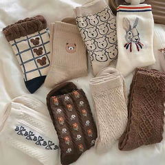 Socks women's mid-calf socks ins trend pile socks coffee color long socks spring autumn winter cartoon college versatile internet celebrity women's socks