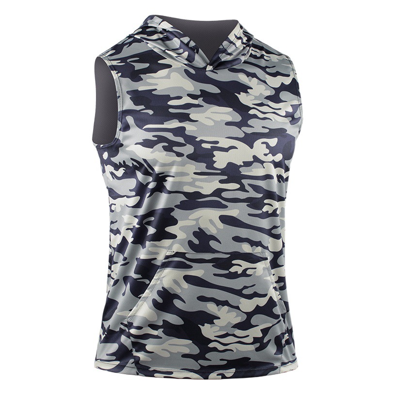 Chaleco con capucha de camuflaje para hombre, camiseta estampada transpirable de secado rápido, top sin mangas informal holgado para correr maratón image 1