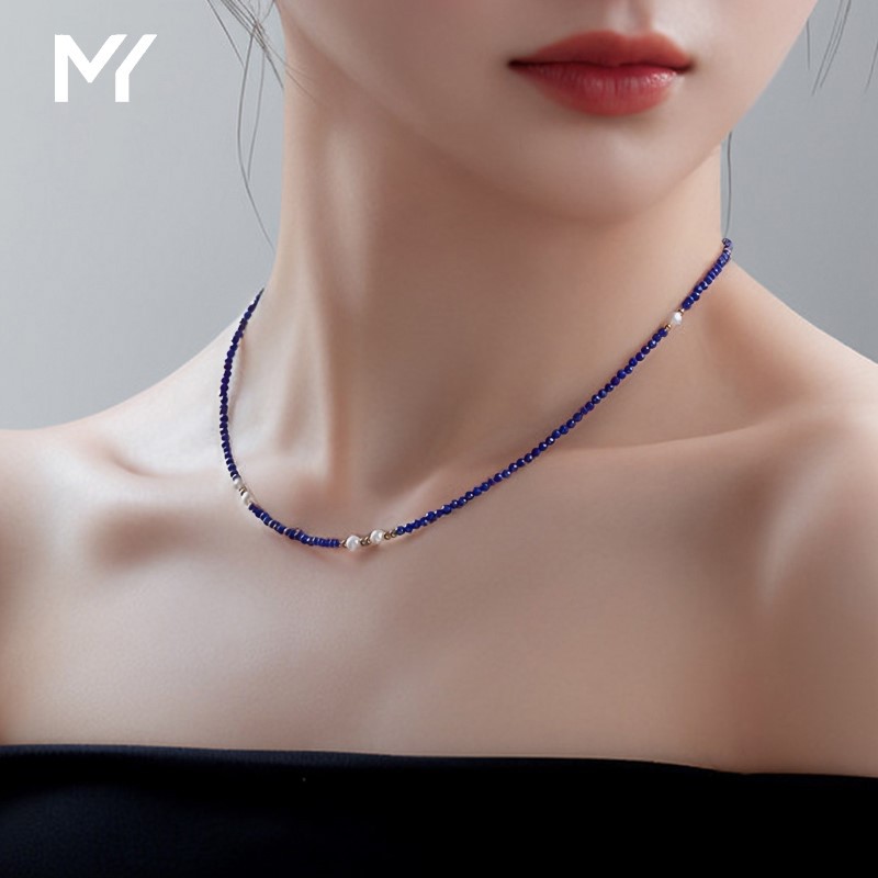 青金石項鍊女串珠頸鏈輕奢小眾天然石珍珠項鍊個性冷淡風氣質項鍊