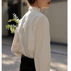 白い花の縁の襟のシャツの女性の春秋2025新型の下着のシャツの今年はきれいな小さいシャツの長袖の上着が流行します。