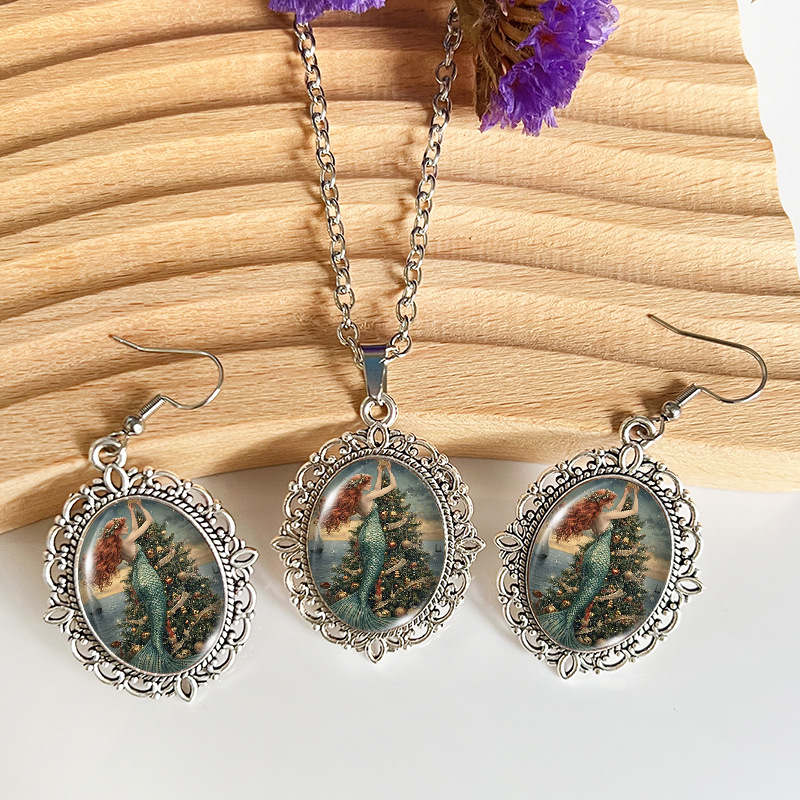 Cross-border Mermaid Stars Hanging on Christmas Tree Time Gem Retro Oval Lace Necklace and Earring Set