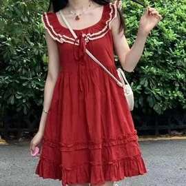 可爱甜美荷叶边连衣裙女2023夏季新款高腰显瘦裙日系学生短裙子