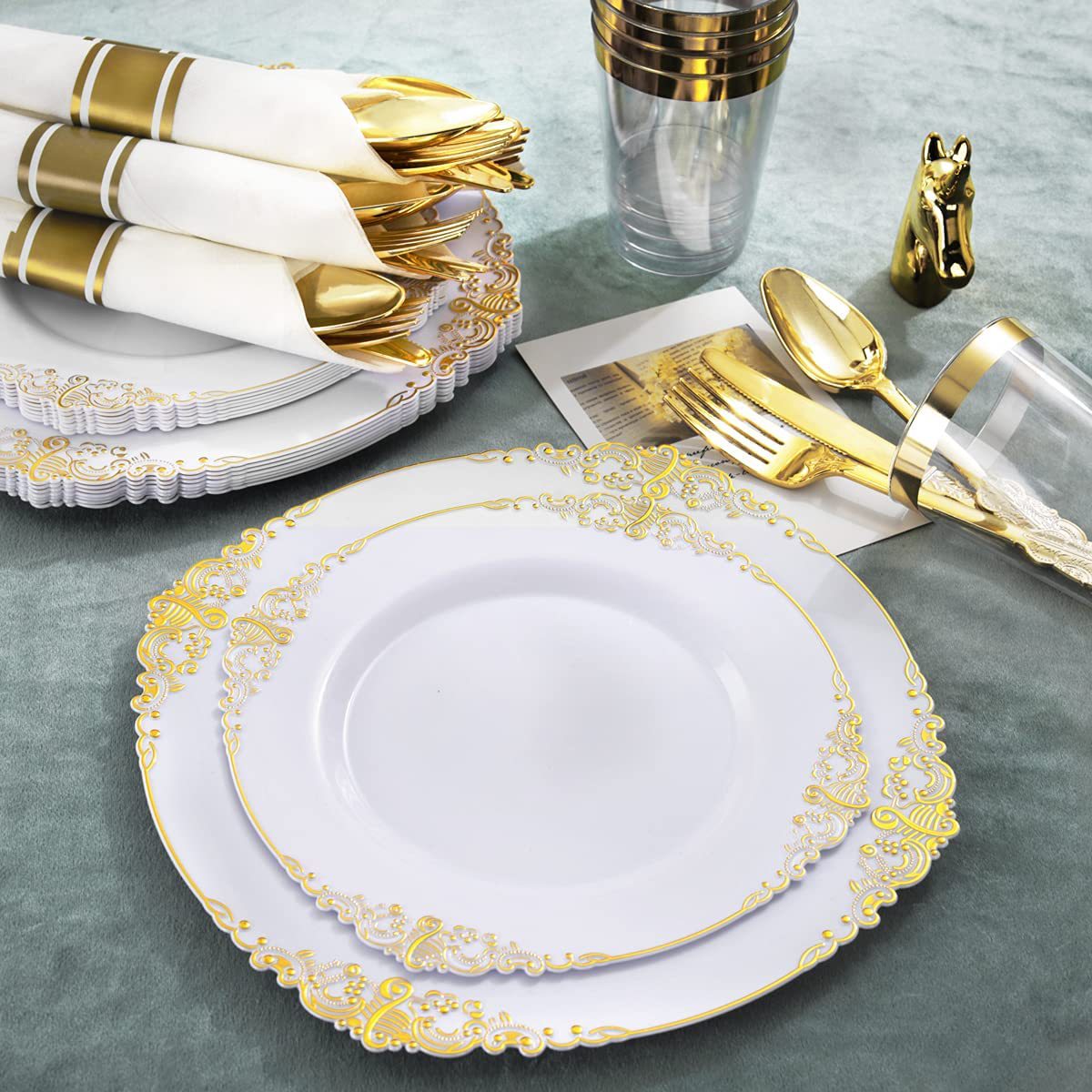 10g Weight Tableware Kitchen and drinking utensils Tableware Event & Party Supplies 1 Piece Quantity Home, Daily Occasion Plastic Material Multicolor Pattern Chinoiserie, Vacation Style Disposable Tableware Dragon Pattern White Golden Edge Relief Plate Wine Glass Knife, Fork And Spoon PS Hard Plastic Gold Air-Laid Paper Suit 8