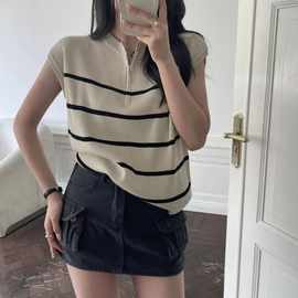 韩系半拉链撞色条纹针织短袖上衣女2025夏季新款小个子翻领polo衫