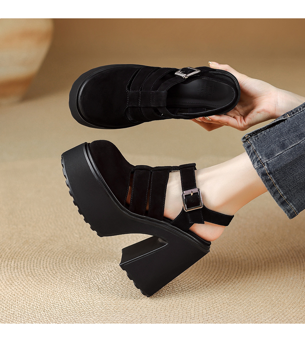 Sandal cao gót nữ mũi kín quai T đế xuồng phong cách La Mã — Da cừu lông đen, Da bò đen chi tiết 5
