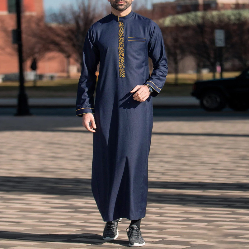 Cross-Border Foreign Trade Men's Long-Sleeved Ethnic Style Embroidered Stand-Collar Shirt for Men