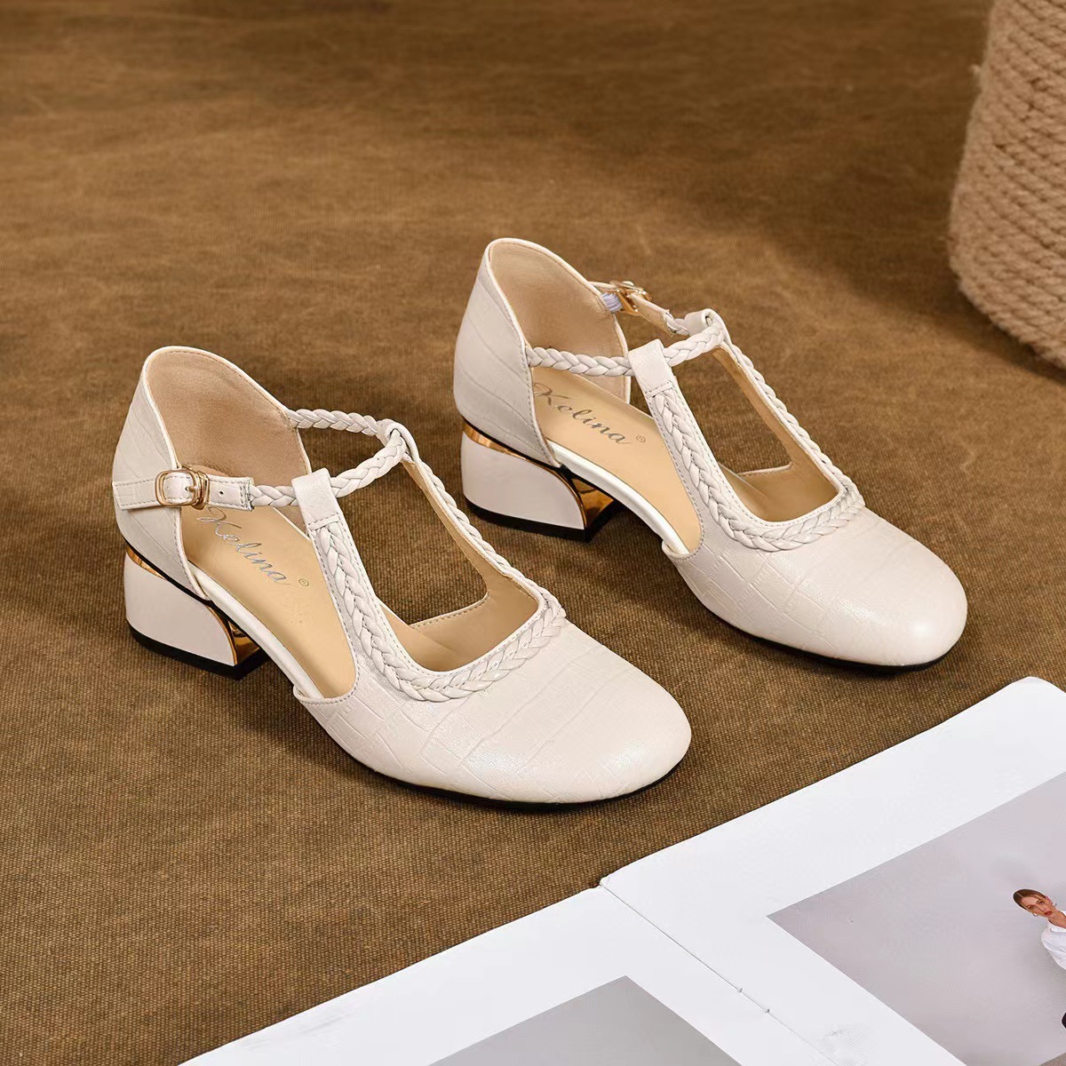 Sandal La Mã nữ gót thấp da thật mũi tròn gót vuông quai đơn — đen chi tiết 8
