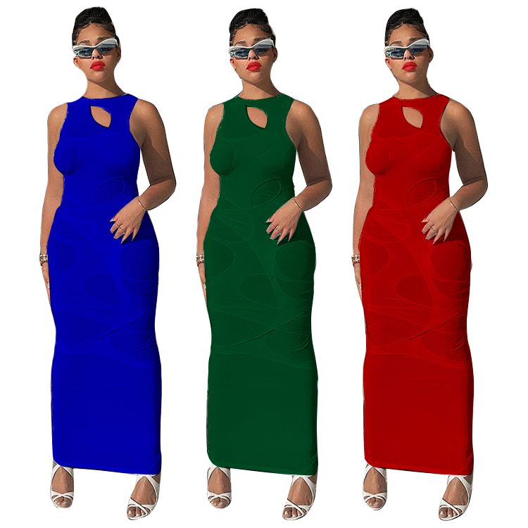 Vestido tipo jersey para mujer, vestido sexy con agujeros, punto de algodón de color liso, cintura media_voghion.com