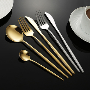 Stainless Steel Tableware Portuguese Long-Handled Steak Knife, Fork and Spoon Four Main Pieces Scandinavian Titanium Western Food Fork and Spoon Gift Box Set