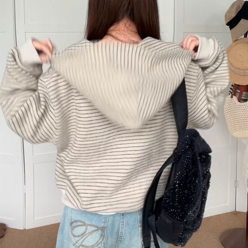 美式复古韩系连帽卫衣外套女秋季慵懒风宽松条纹撞色开衫百搭上衣|undefined