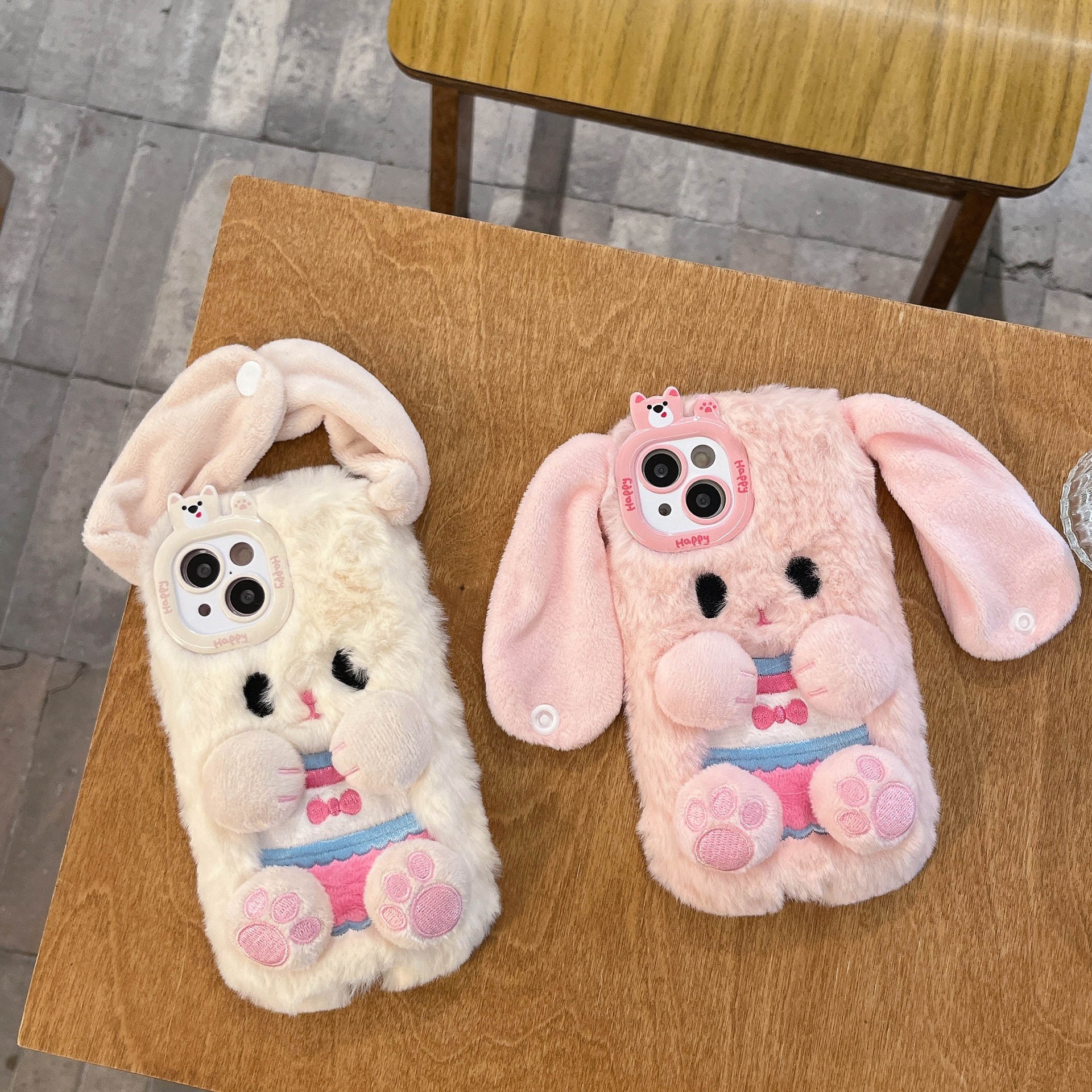 Botón de peluche lindo orejas conejo iPhone16 Apple 15 para 16 pro max cubierta de teléfono celular