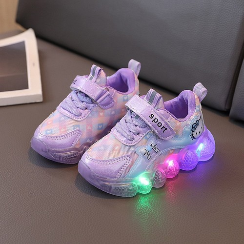 Spring and Autumn Cartoon Cat with Light Sports Shoes for Girls, Bright Light Glowing Shoes for Young Children, Mesh Breathable Casual Shoes Trend