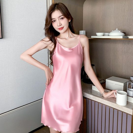 2025 Summer New Ice Silk Sling Nightgown Women's Thin Sexy Silk Sleepwear Loose plus size Home Clothes