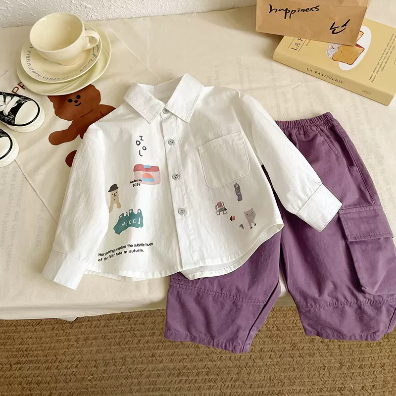 【现货】CY257301男童衬衫2025春季新款韩长袖纯色翻领卡通中大童