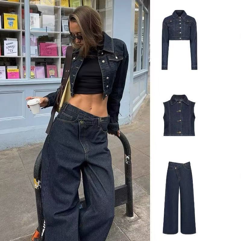 Lioness 2025新款牛仔套装宽松休闲拖地低腰牛仔裤 夹克 背心