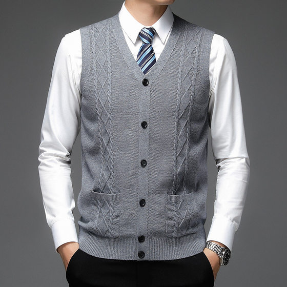 Autumn and Winter Sleeveless Men's Vest Fashion Casual V-Neck Knitted Shoulder Solid Color Vest Middle-aged Knitted Sweater for Men