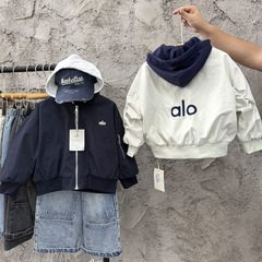 儿童秋冬美式假两件连帽外套男童女童撞色防水刺绣字母飞行服夹克