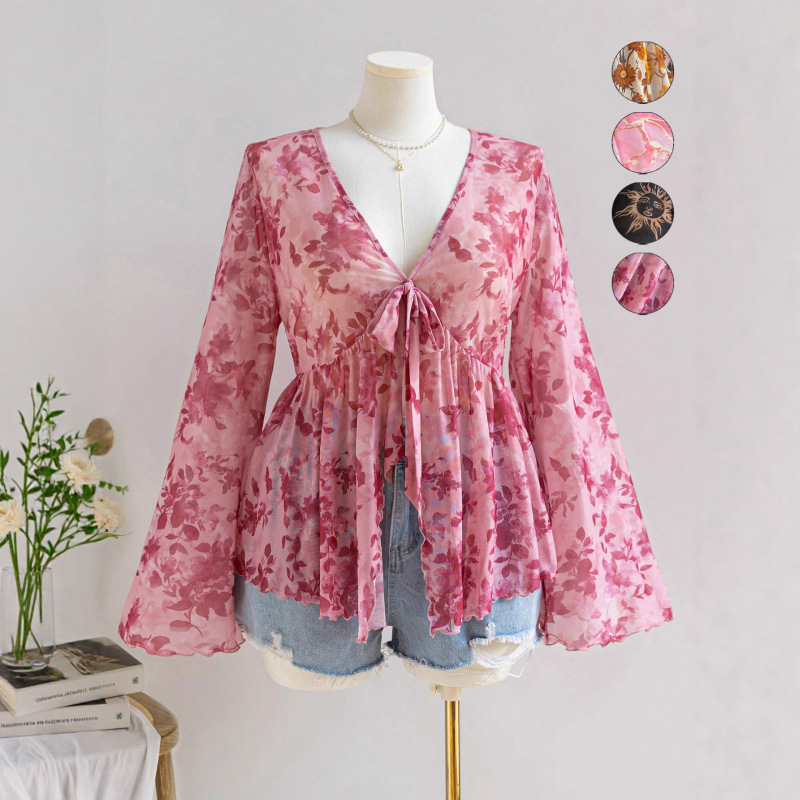 Foreign Trade Cross-Border Independent Website V-Neck Mesh Printed Holiday-Style Women's Top European and American Style Bell Sleeve Loose Flowing Top Foreign Trade Cross-Border Independent Website V-Neck Mesh Printed Holiday-Style Women's Top European and American Style Bell Sleeve Loose Flowing Top