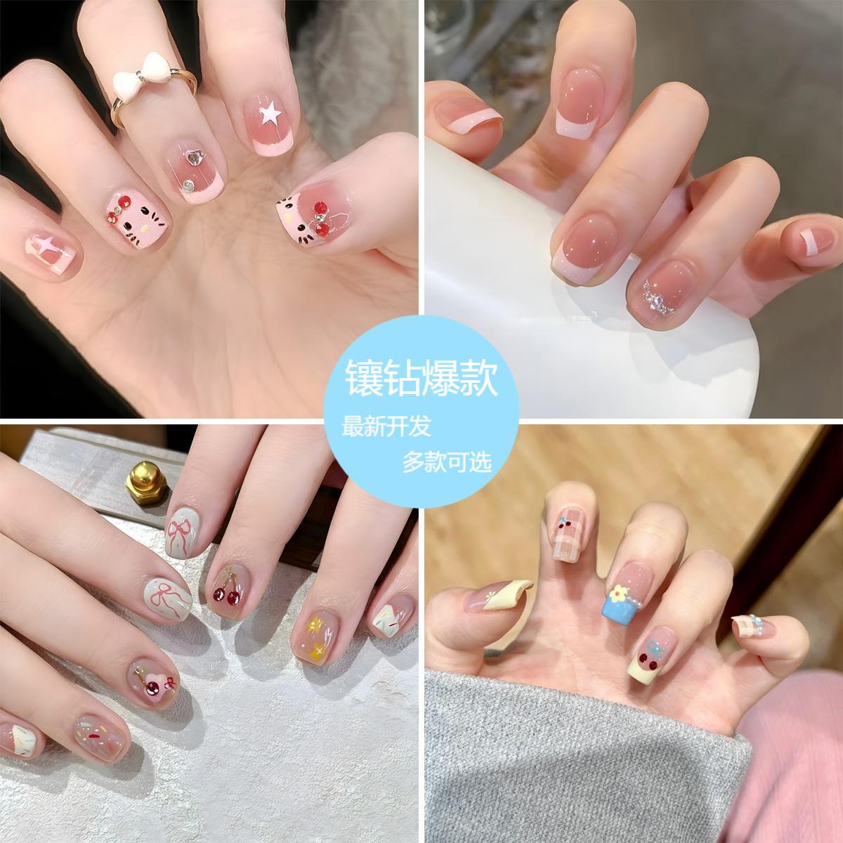 Moda venta caliente con incrustaciones de diamantes, pegamento de gelatina, piezas de uñas para uñas para uñas para estudiantes, piezas cortas al por mayor, piezas de uñas para usar desmontables