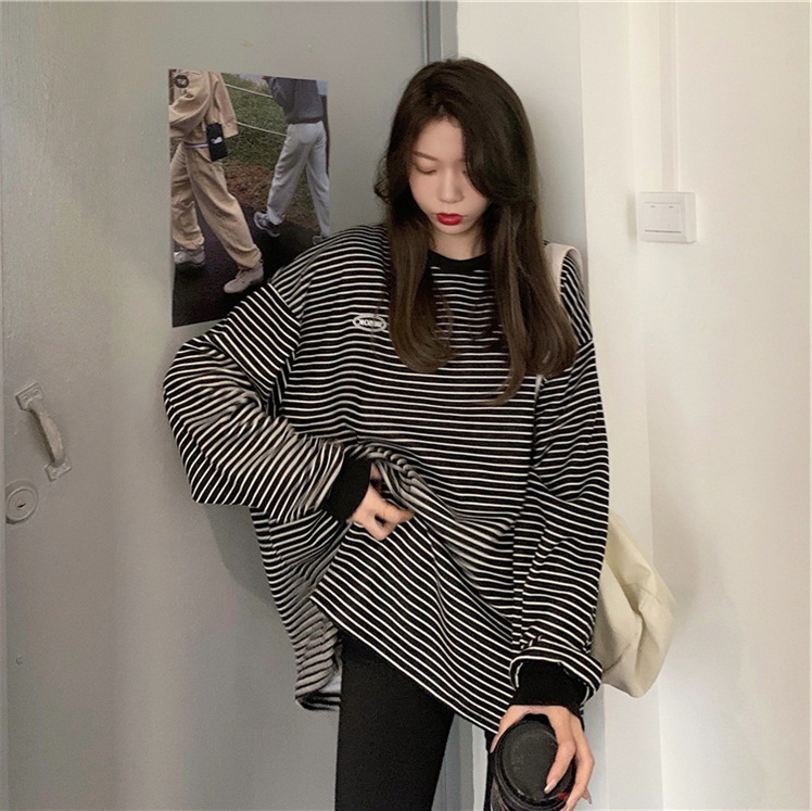 秋季新款圆领长袖卫衣女韩版上衣服女装外贸条纹T恤打底衫女 黑色