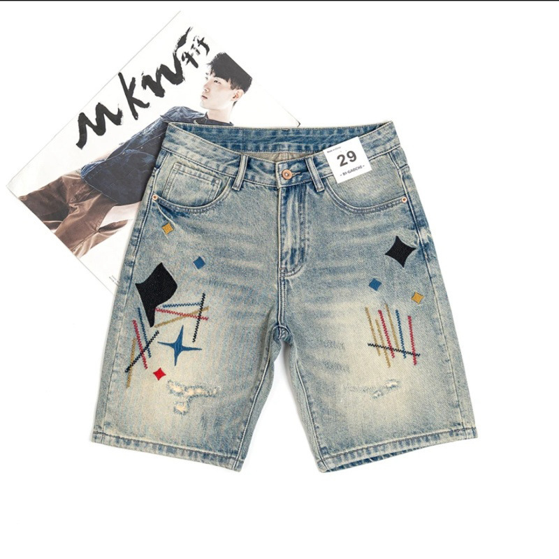 Summer Men's Trendy Thin Retro Denim Shorts Korean Style Slim Straight Embroidered Patchwork Knee-Length Shorts