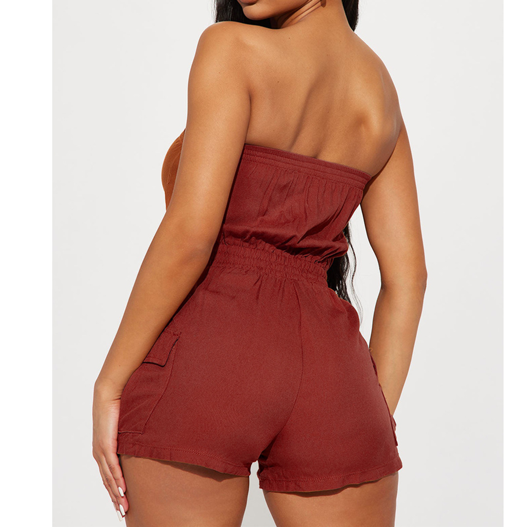 Women Clothing Sexy Comfortable Solid Color Chest Wrapped Organ Pocket Jumpsuit
