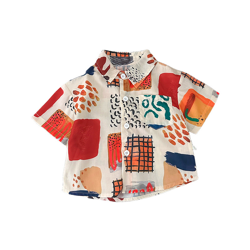 Hanfan verano bebé graffiti camisa de mangas cortas ropa de bebé de verano delgada cardigan transpirable camisa de moda infantil
