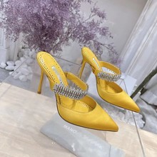 2025新款MB尖头细跟高跟鞋真丝水钻扣环高跟穆勒鞋OL百搭简约鞋女